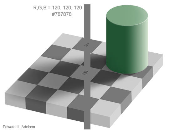 Sakktábla optikai csalódás - Sötét és világos kocka, ugyanaz a szín